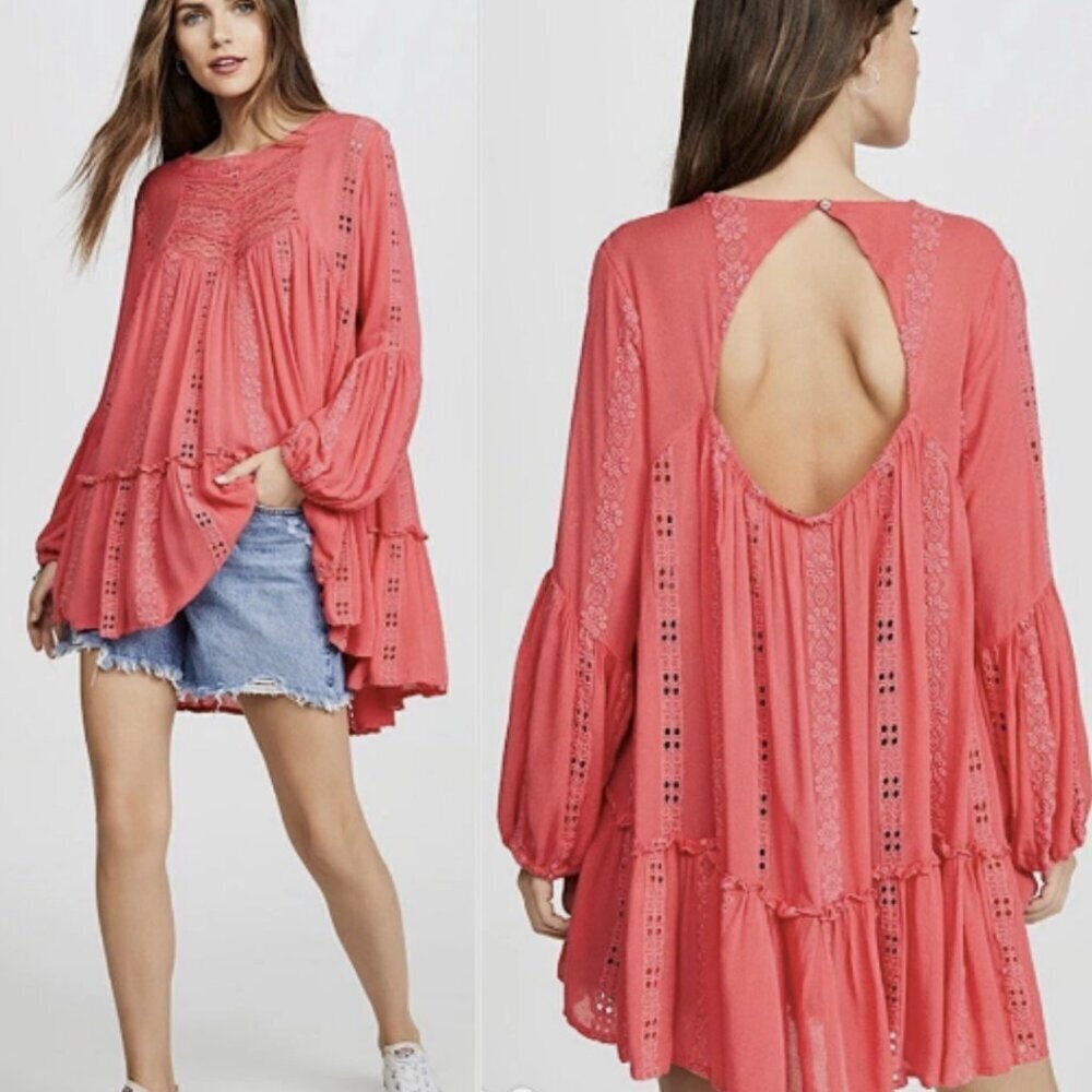 Free People Kiss Kiss Tunic Shirt Dress Sweet Dream Lace Ruffle 47545